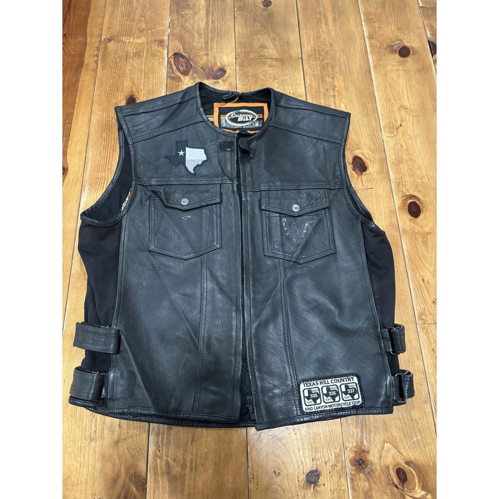 Custom BILT Men's XL Black Leather Motorcycle Vest Patches Indian Texas Hill